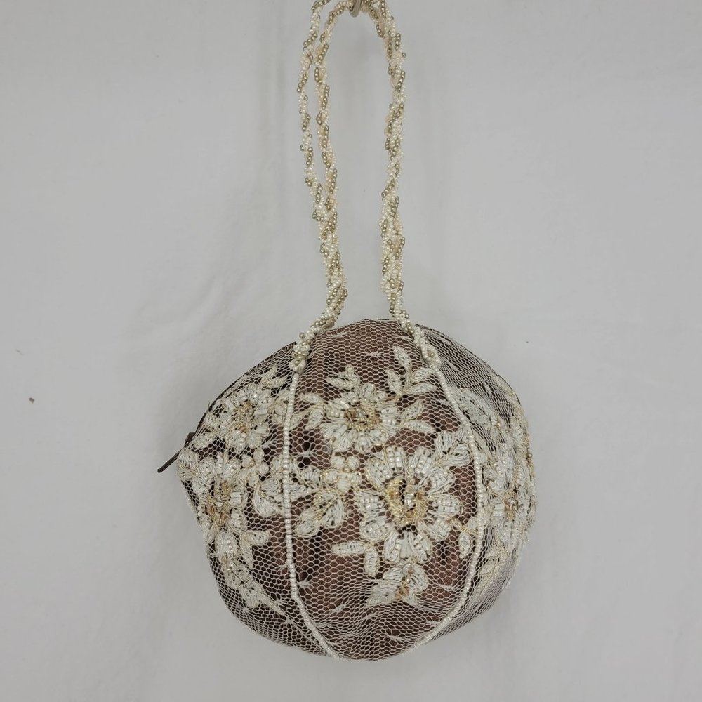 Satin Lace Pearl Bead Brown Ivory/Gold Wedding/Cocktail Small Ball Handbag Purse - Picture 2 of 12